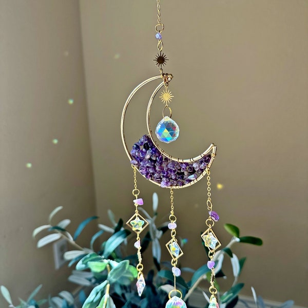 Amethyst Gemstone Crystal Suncatcher, Hanging Moon Sun Catcher with Prisms, Window Hanging, Rainbow Maker, Crystal Gift