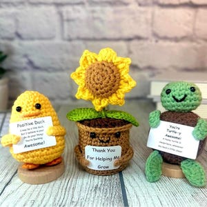 May include: Three crocheted figures: a yellow duck holding a sign, a sunflower in a pot, and a green turtle with a sign. The duck says "Positive Duck", the sunflower pot says "Thank You For Helping Me Grow", and the turtle says "You're Turtle-y Awesome!"