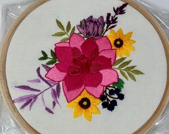 Vibrant Floral Bouquet Hand Embroidered 17.5cm (7-Inch) Wooden Hoop Art