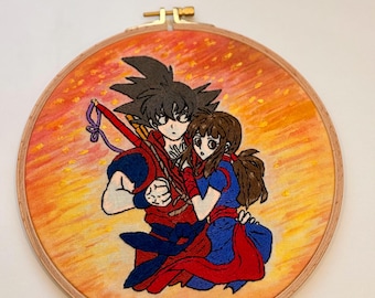 Hand-Embroidered Goku & Chi-Chi Hoop Art – Dragon Ball Anime Wall Decor (8" Beechwood Frame)
