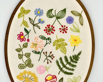 Wild Botanical Garden Sampler Hand Embroidered Oval Flexi Hoop Art (30x22cm)