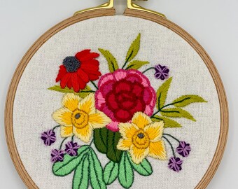 Vibrant Spring Floral Bouquet hand Embroidered 5.5 Inch Hoop Art
