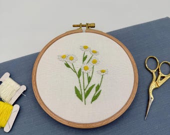 Wildflowers Collection - Chamomile Wildflower Sprig 5.5" Hand Embroidered Hoop Art