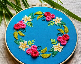 Tropical Plumeria & Rose Wreath Hand Embroidered 8" Nurge Hoop Art
