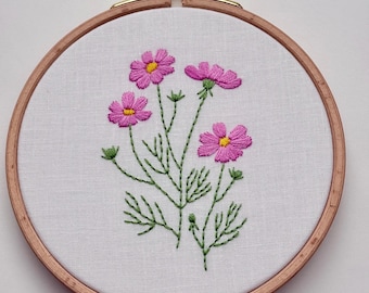 Wildflowers Collection - Pink Cosmos 5.5" Hand Embroidered Hoop Art