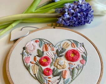 Flowers Heart Hand Embroidered Hoop Art