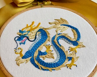 Majestic Blue Dragon Hand Embroidered Hoop Art