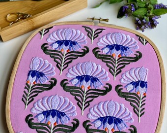 Art Nouveau Stylized Lotus Pattern Hand Embroidered 10-Inch Hoop Art