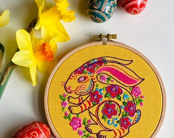 Folk Art Floral Bunny 7" Hand Embroidered Hoop Art