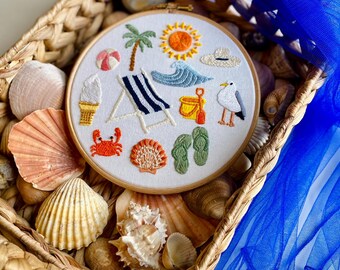 Sunny Beach Day Hand Embroidered 8 inch Hoop Art