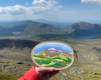 Mount Snowdon Landscape Hand Embroidered Oval DMC Hoop Art (13x19cm) - Stitched at the Summit