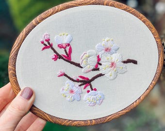 Cherry Blossom Branch Hand Embroidered Oval Hoop Art
