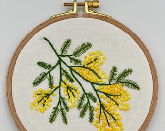 Golden Mimosa Sprig Hand Embroidered 5.5inch Hoop Art