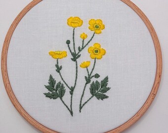 Wildflowers Collection - Yellow Buttercup 5.5" Hand Embroidered Hoop Art