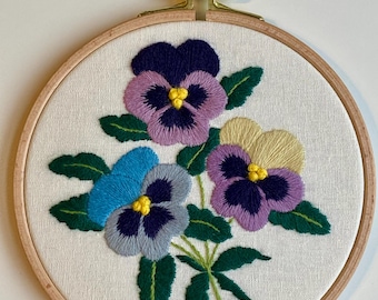 Pansies Wool Hand Embroidered Hoop Art