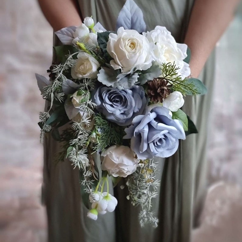 Winter Wedding Bouquet Cascading Dusty Blue Bouquet Boho Etsy