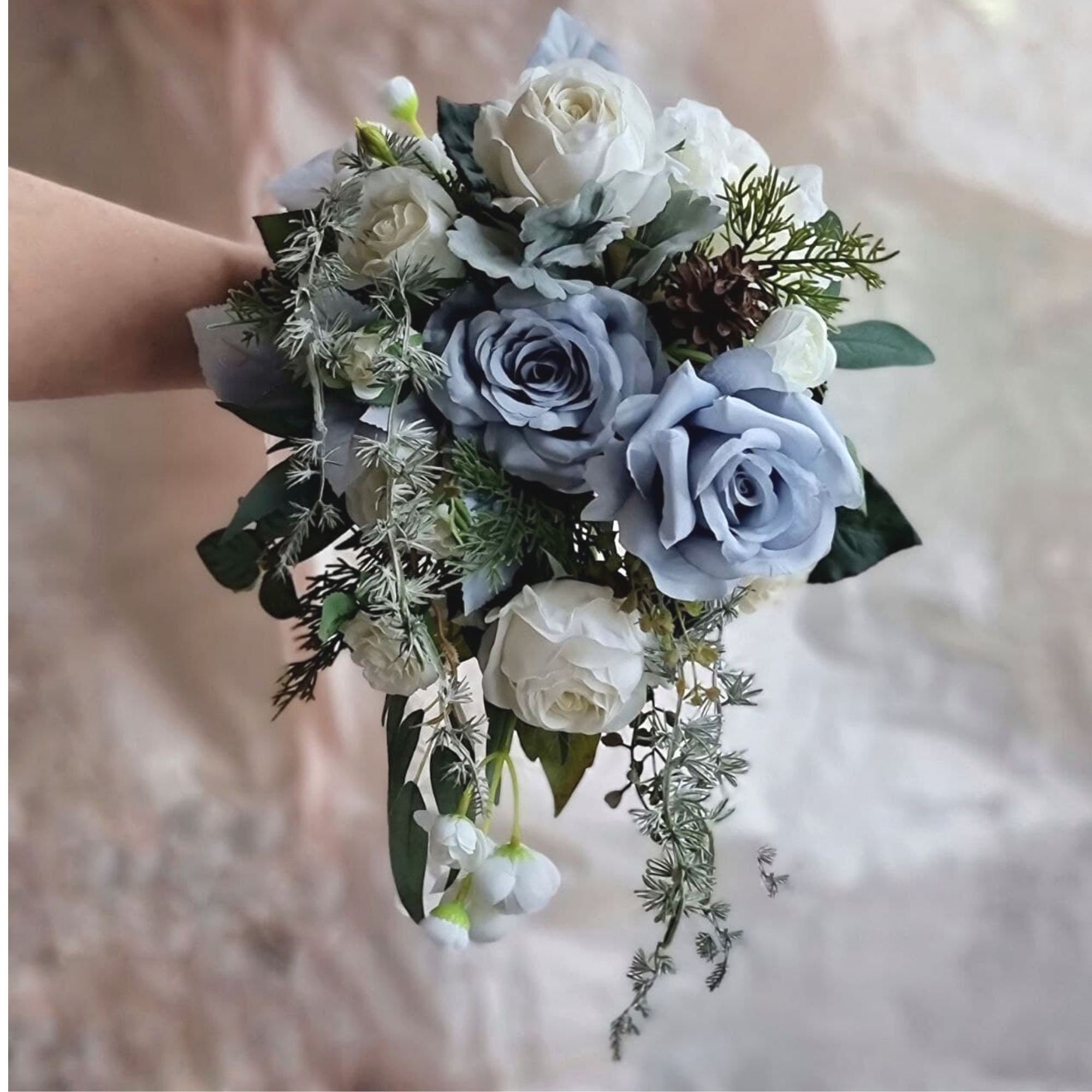 Winter Wedding Bouquet Cascading Dusty Blue Bouquet Boho Etsy