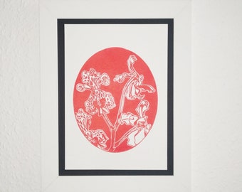 Linoleum print flowers linocut red [handmade, A5, 15 x 21 cm, unframed]