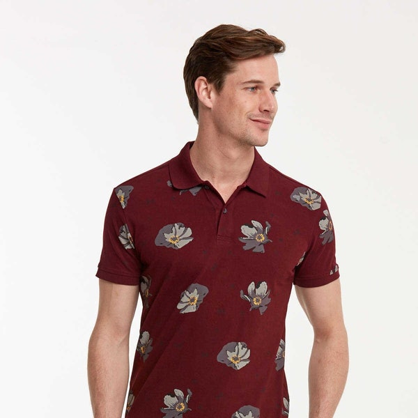 T-shirt à col boutonné en coton piqué à motif floral pour hommes