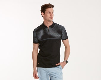 ZIPPED POLO T-SHIRT, Black Printed Short Sleeve Tees, Casual Collared Zip Tee Shirt For Sport Men, Cotton Polo Graphic Shiny Slim T-Shirt