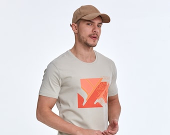 Abstract Modern Geometric Art Graphic Tee, Aesthetic Unisex Unique Boho Summer Tshirt, Asymmetric Shape Short Sleeve Slim Fit Cotton T Shirt