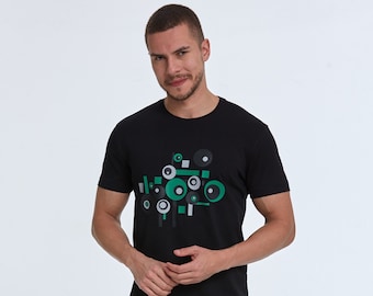 Nadan Printed Men's T-Shirt, Geometric Shaped Modern Graphic Cotton T-Shirt for Men, Boho Style Summer Outfits Men Tee
