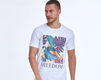 Freedom Floral Print T-shirt, Sportswear Lycra Slim Fit Tee, Casual Men's Tee Shirt, Khaki-Dark Blue-White Shirt,Comfy Printed Crew Neck Tee