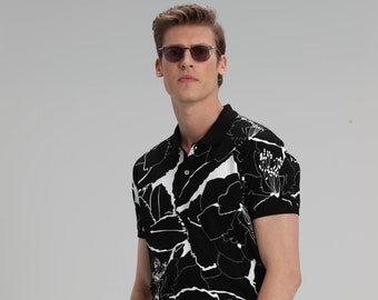 Black and White Floral Polo Shirt for Men with Bold Flower Design