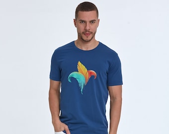 Theo Printed Men's T-Shirt, Boho Comfort Colors Graphic Feather T Shirt, Retro Camping Trendy Tee Shirt for Men, Creative Nature Bird Lover