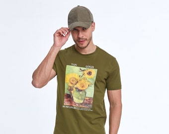 Shein Printed Men's T-Shirt, Van Gogh Sunflowers Tee Gift for Him, Floral Summer Graphic Tee for Men, Aesthetic Design Comfort Colors Tee