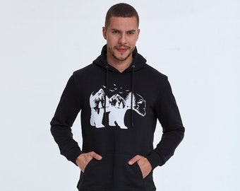 North Men's Hooded Sweatshirt, Bear Hoodie, Mountain Graphic Sweatshirt, Nature Lover, Outdoor Camping Apparel