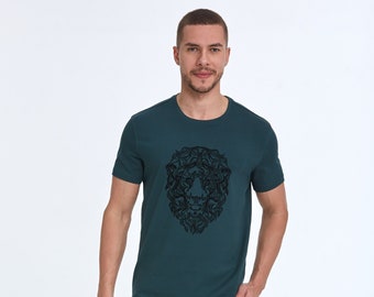 Modern Lion Flock Print Cotton Slim Fit T-Shirt for Men - Unique and Stylish Design