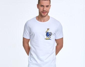 Ramon Printed Men's T-Shirt, New Orleans Pelicans Embroidered Tee Shirt, Funny Animal Print Tee, Black and White Slim Fit Men's Tee Shirt