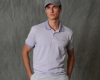 Striped T-Shirt, Basic Polo T-Shirt, Classic Men's T-Shirt, Gray - Dark Blue Striped Polo Collar Shirt, Daily Man's Wear, Short Sleeve Shirt