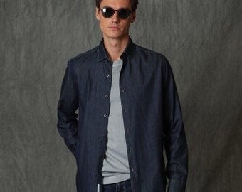 Danor Smart Shirt Slim Fit, Daily Jean Shirt, Blue Simple Shirt, Winter and Summer Shirt, Long Sleeve Shirt, Sporty  Mens Wear
