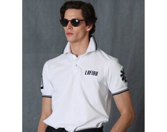 Lufian Dandy Sport Polo-Shirt, Logo Embroidered Polo T-Shirt, Summer T-Shirt for Man, White Polo Neck Shirt, Black Short Sleeve Shirt