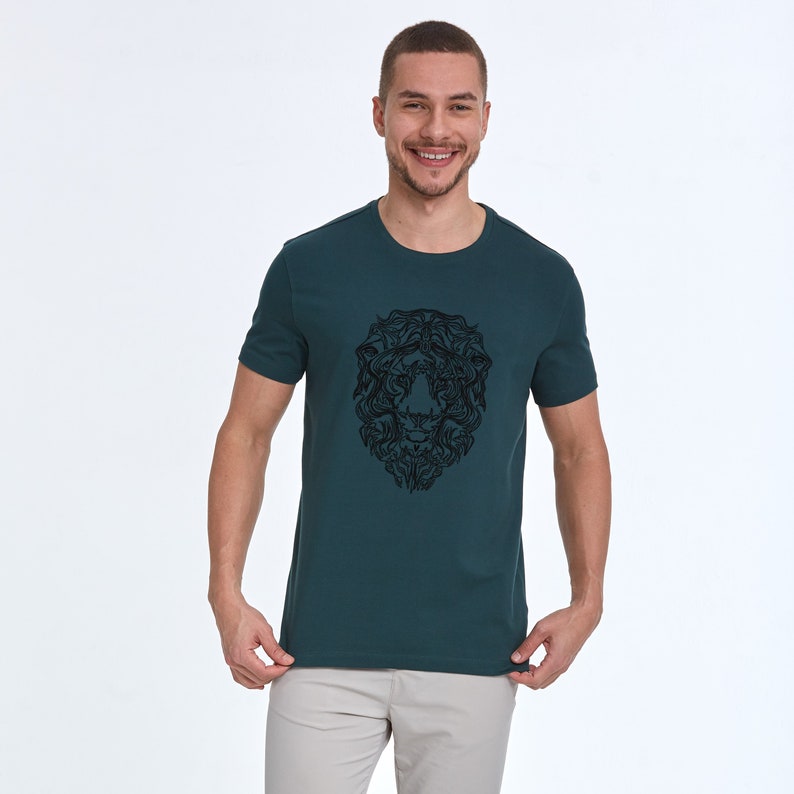 Modern Lion Flock Print Cotton Slim Fit T-Shirt for Men Unique and Stylish Design image 2