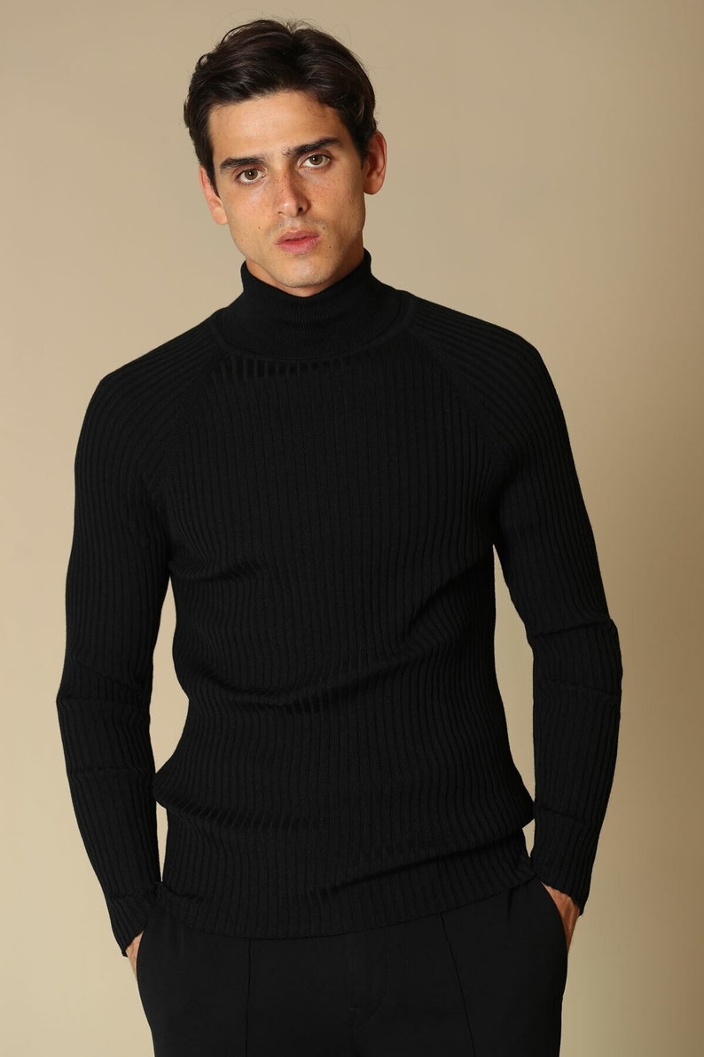 RIBBED TURTLENECK SWEATER Black Wool Knit Winter Warm - Etsy