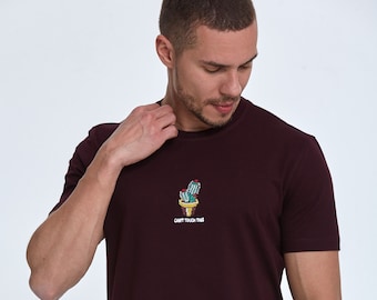 Men's Cactus Embroidered Summer T-Shirt, Khaki - Blue - Burgundy Slim Fit Crew Neck Graphic T-Shirt, Casual Men's Graphic Tee, Summer Top
