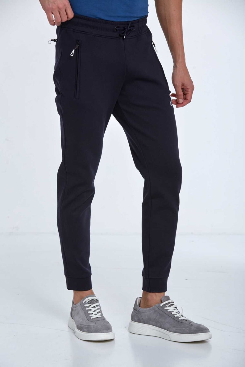 Black Sweatpant, Navy Blue Sporty Pant, Comfortable Daily Wear, Elastic Waist Sweatpants, Zippered Pocket Sports Tracksuit,Casual Sportswear image 5
