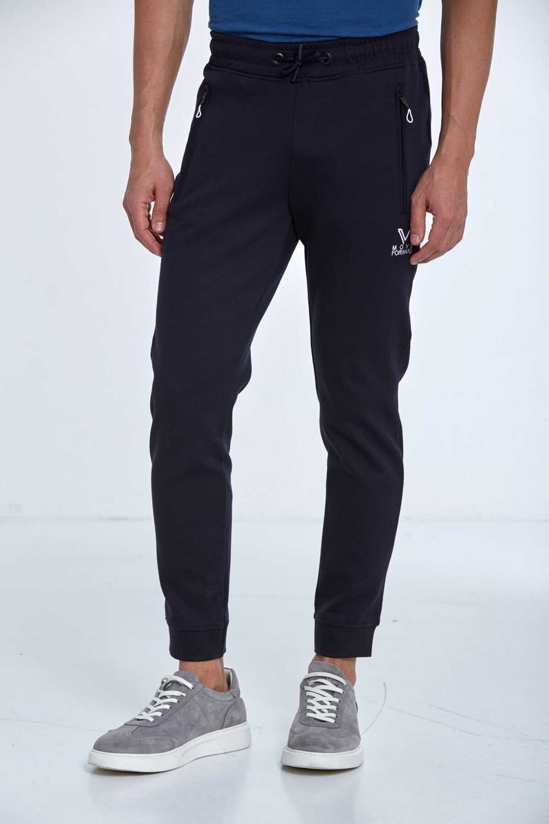 Black Sweatpant, Navy Blue Sporty Pant, Comfortable Daily Wear, Elastic Waist Sweatpants, Zippered Pocket Sports Tracksuit,Casual Sportswear image 1