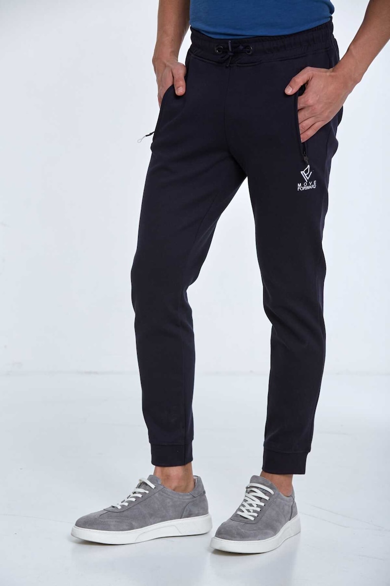 Black Sweatpant, Navy Blue Sporty Pant, Comfortable Daily Wear, Elastic Waist Sweatpants, Zippered Pocket Sports Tracksuit,Casual Sportswear image 4
