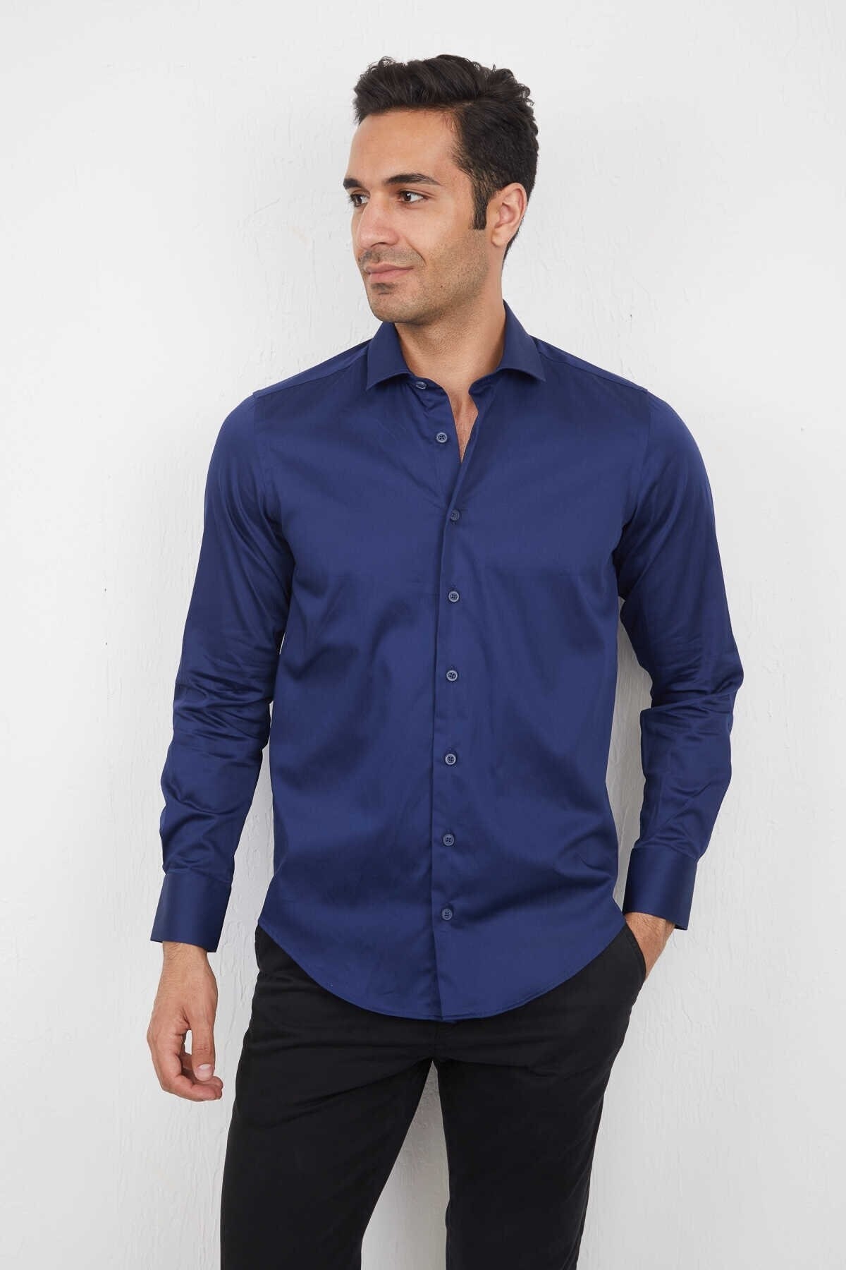 SATIN MEN SHIRT, Formal Long Sleeve Plain Office Shirt, Cotton Blend ...