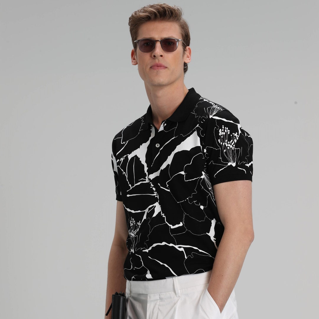 Black and White Floral Polo Shirt for Men With Bold Flower - Etsy