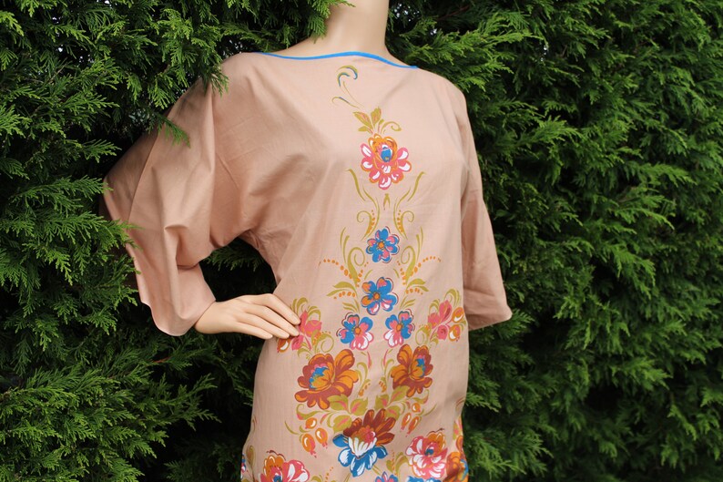 Beautiful condition Cotton Maxi Dress Peachy Tan and Florals Rare item Slit vent at back Kaftan style