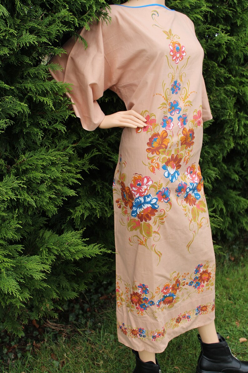 Beautiful condition Cotton Maxi Dress Peachy Tan and Florals Rare item Slit vent at back Kaftan style
