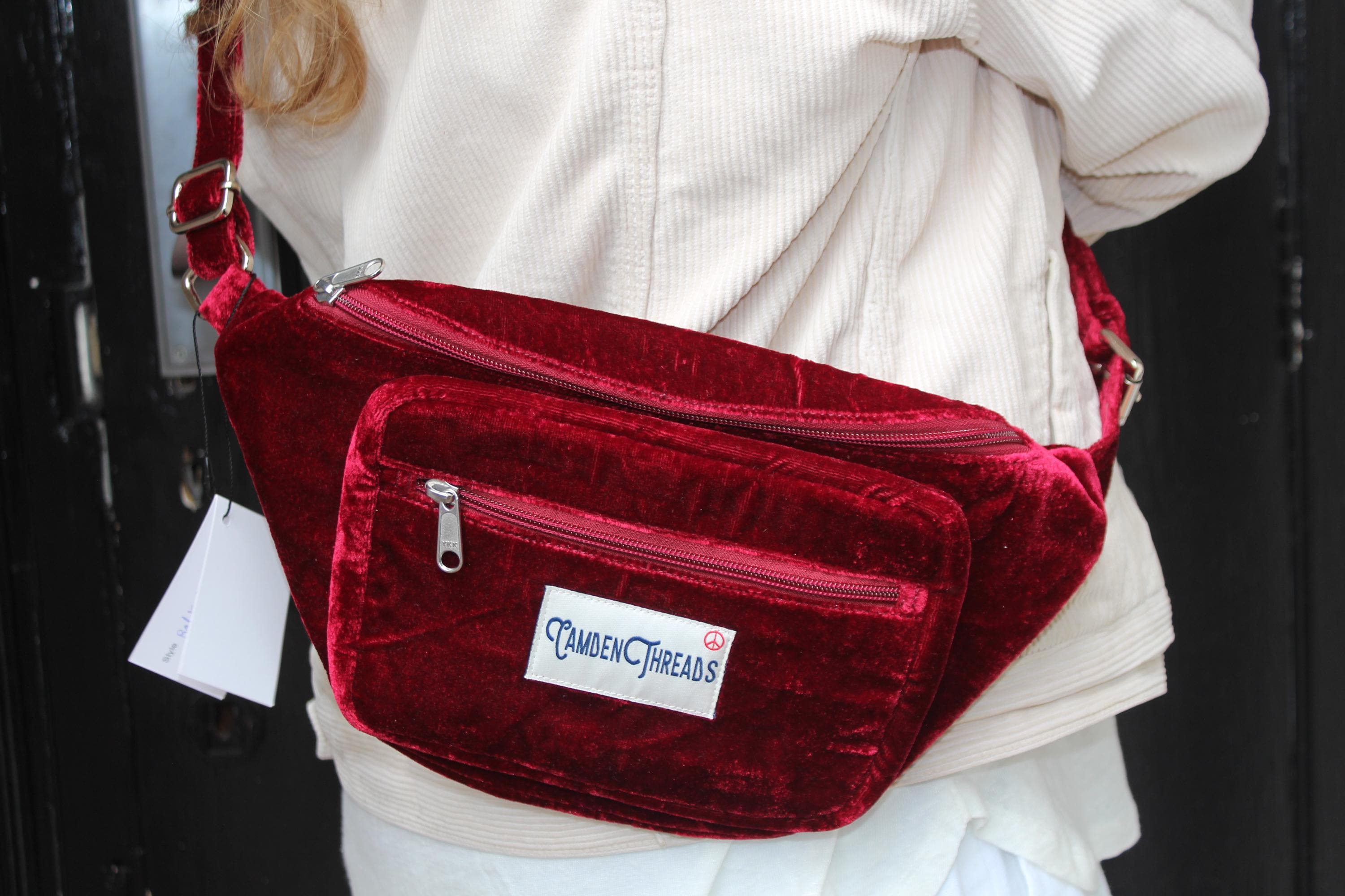 Red Cotton Velvet Fanny Pack: Adjustable Hip Bag, 'Belfast'