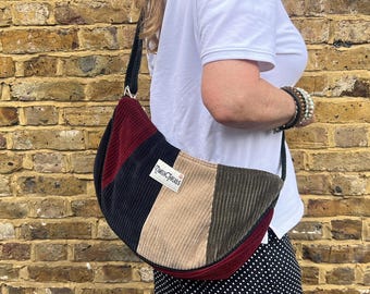 Torba typu hobo z patchworkowego materiału z kordu: duża, luźna torebka typu cross body, „Bobby”