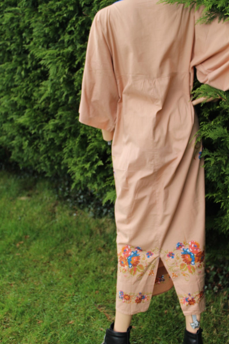 Beautiful condition Cotton Maxi Dress Peachy Tan and Florals Rare item Slit vent at back Kaftan style