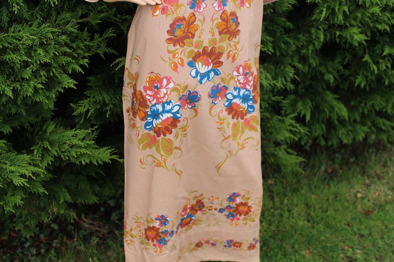 Beautiful condition Cotton Maxi Dress Peachy Tan and Florals Rare item Slit vent at back Kaftan style